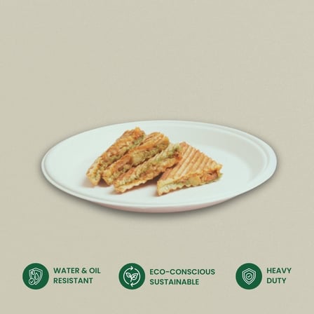 Grilled sandwich slices on an eco-friendly 11-inch heavy-duty sugarcane compostable plate, water and oil resistant.jpg