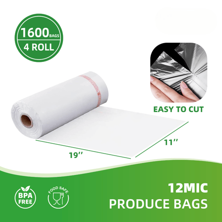 11" x 19" Clear Plastic Produce Bags on a Roll 12 Mic - (1600/Case)
