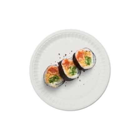 Eco-friendly 12-inch heavy duty sugarcane compostable plate with spicy tuna sushi roll.jpg