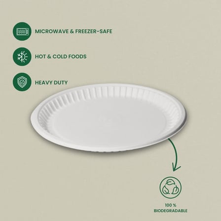 Eco-friendly biodegradable 12-inch heavy duty compostable Bagasse Round Plate, White, microwave safe & oil resistant.jpg