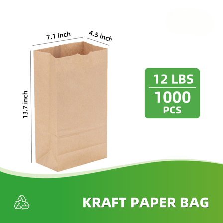 12 lb Kraft Paper Bags 7.1" x 4.5" x 13.7" - (1000/Case)