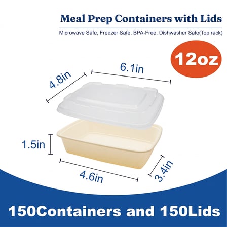 12 oz Beige Microwavable Rectangular PP Plastic Food Container with Clear Lid - (150/Case) - Thumbnail 2