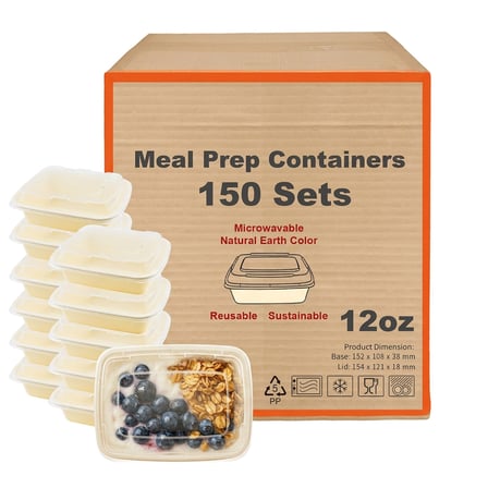 12 oz Beige Microwavable Rectangular PP Plastic Food Container with Clear Lid - (150/Case) - Thumbnail 7