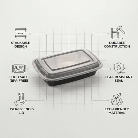 12 oz. Black Rectangular Microwavable Standard Weight Container with Clear Lid and Showing Specifications.png