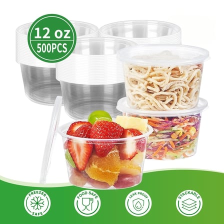 12 Ounces clear deli containers with lids, shown with fresh food and 500-piece packaging..jpg
