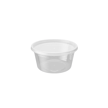 Clear plastic 12 oz deli container with a lid