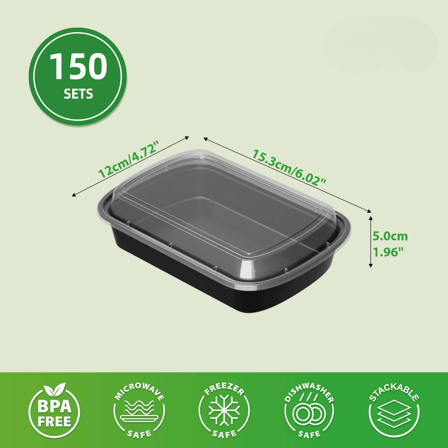 12 oz. Black Rectangular Microwavable Heavy Weight Plastic Food Containers with Lids - (150/Case)
