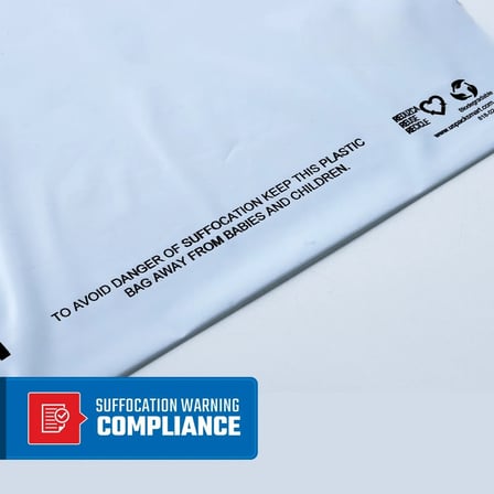 12" x 15" white polythene mailing bag with suffocation warning compliance for safety standards