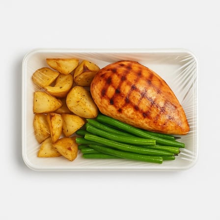 Single tray wrapped in 12 x 2000' clear food wrap containing grilled chicken, roasted potatoes, and green beans.jpg