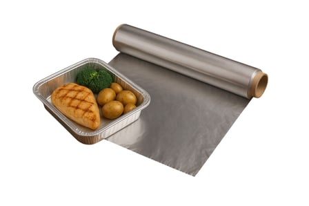 12 × 500' Heavy duty aluminum foil roll is partially unrolled next to a foil food tray.jpg