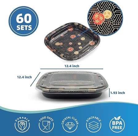 12.40'' x 12.40'' x 1.93'' Square sushi container with clear lid shown with dimensions.jpg