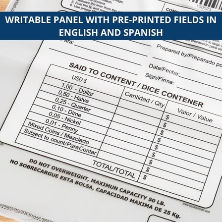 Writable coin deposit bag with pre-printed fields in English and Spanish