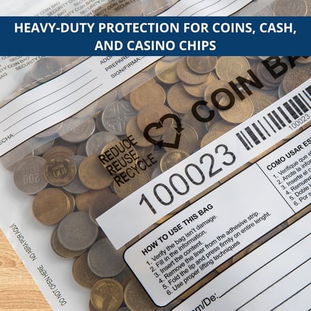 2.5" x 21.5" Clear coin storage bag is full of coins