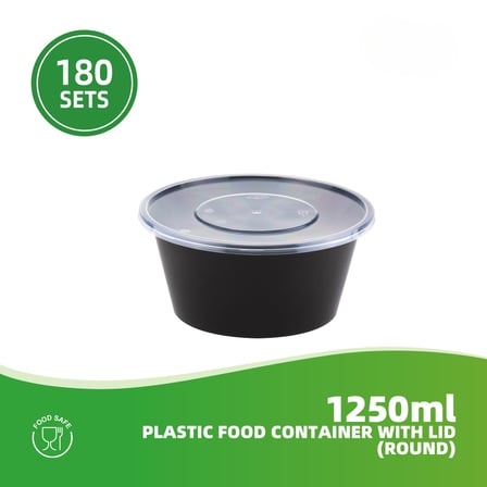 1250 ml Black Round Plastic Food Containers with Lids - (180/Case)