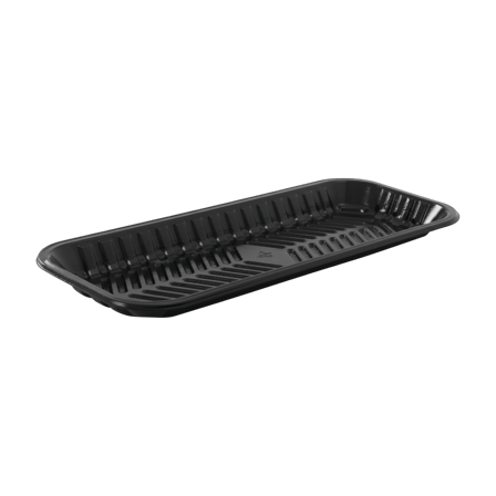 14 9/10'' x 5 1/2'' x 9/10'' Black PET plastic meat tray.png