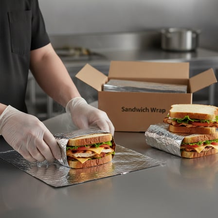 Person wrapping a sandwich in 14 by 16 Inches Insulated Foil Sandwich Wrap Sheet.png