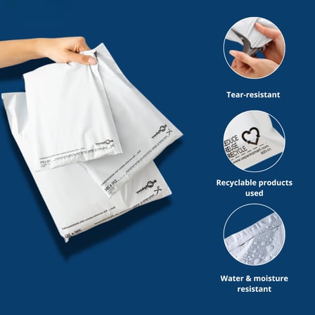 14.5" x 19" White Poly Mailer - Tear-Proof & Self-Seal Shipping Bags showing features