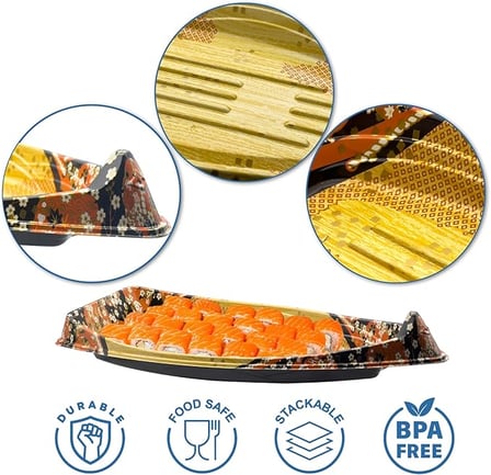 Close-up of 14.96'' x 7.28'' x 2.36'' sushi boat platter showing textured base and elegant design details.jpg