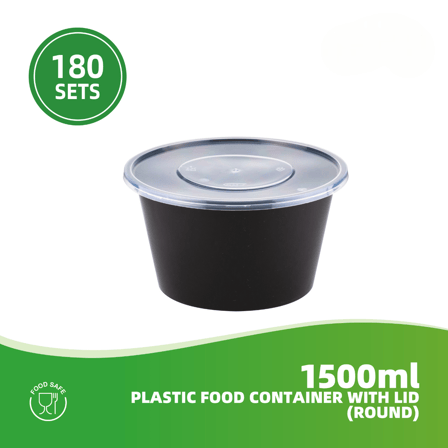 1500 ml Black Round Plastic Food Containers with Lids - (180/Case)
