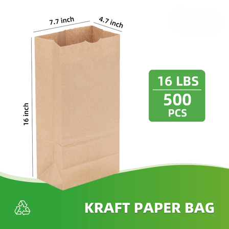 16 lb Kraft Paper Bags 7.7" x 4.7" x 16" - (500/Case)