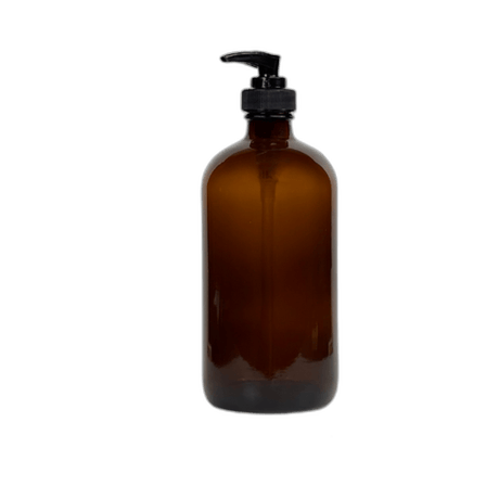 16 oz. Amber Boston Round Glass Bottle with Black Lotion Pump