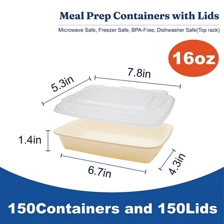 16 oz Beige Microwavable Rectangular PP Plastic Food Container with Clear Lid - (150/Case) - Thumbnail 2