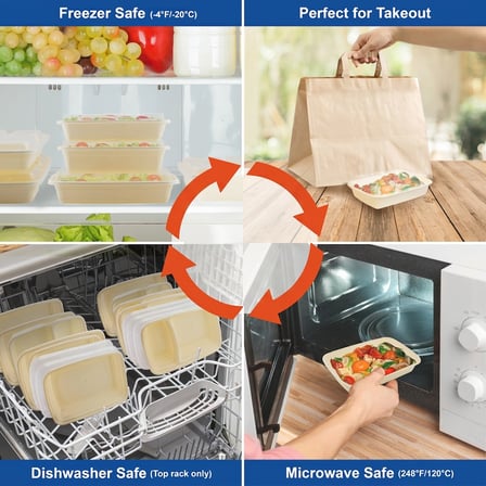 16 oz Beige Microwavable Rectangular PP Plastic Food Container with Clear Lid - (150/Case) - Thumbnail 3