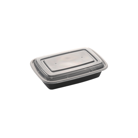 Black 16 oz rectangular microwavable container with a clear lid