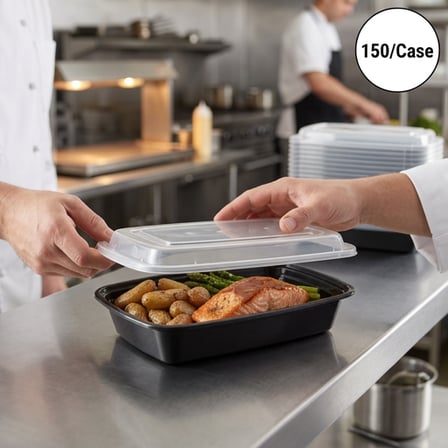 16 oz. Black Rectangular Microwavable Standard Weight Container with Clear Lid & Food Inside.png