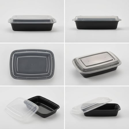 16 oz. Black Rectangular Microwavable Standard Weight Container with Clear Lid & Showing From Diffrent Angles.png