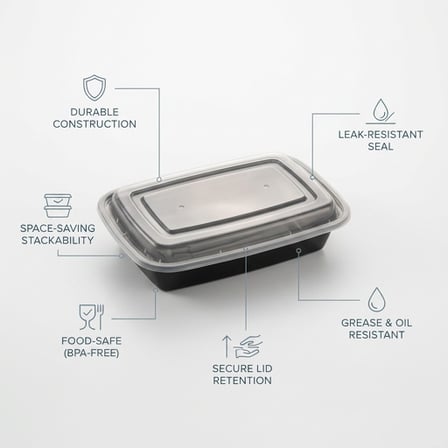 16 oz. Black Rectangular Microwavable Standard Weight Container with Clear Lid & Showing Specifications.png
