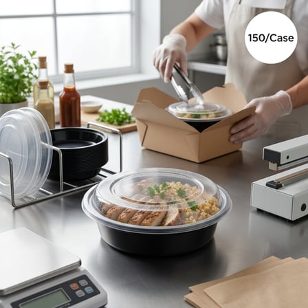 16 oz Black 6 inches Round Microwavable Heavy Weight Container with Clear Lid & Food Inside.png