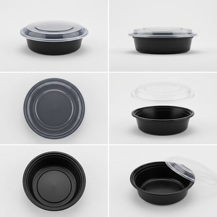 16 oz Black 6 inches Round Microwavable Heavy Weight Container with Clear Lid Showing From Diffrent Angles.png