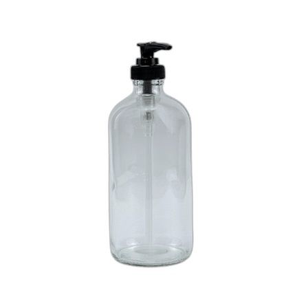 16 oz. Clear Boston Round Glass Bottle with Black Lotion Pump
