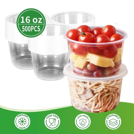 16 Ounces clear deli containers with lids, shown with fresh food and 500-piece packaging..jpg