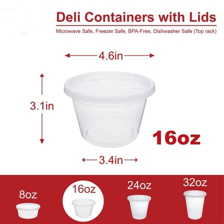 16 Ounces Clear Round PP Plastic Deli Container with Lid for Meal Prep & Food Storage with Dimensions.jpg