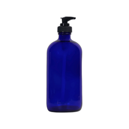 16 oz. Cobalt Blue Boston Round Glass Bottle with Black Lotion Pump
