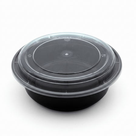 16 oz Heavy Duty Black Microwavable Round PP Plastic Food Container with Clear Lid - (150/Case) - Image 1 of 1
