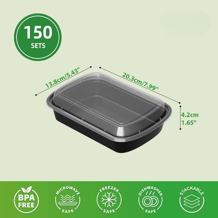 16 oz. Black Rectangular Microwavable Heavy Weight Plastic Food Containers with Lids - (150/Case)