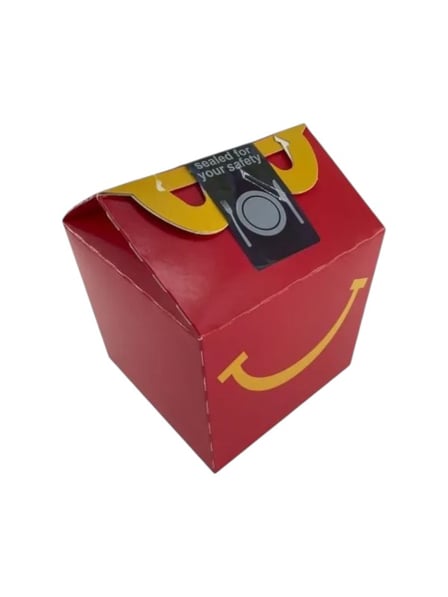 Red takeout food box with sealed safety label