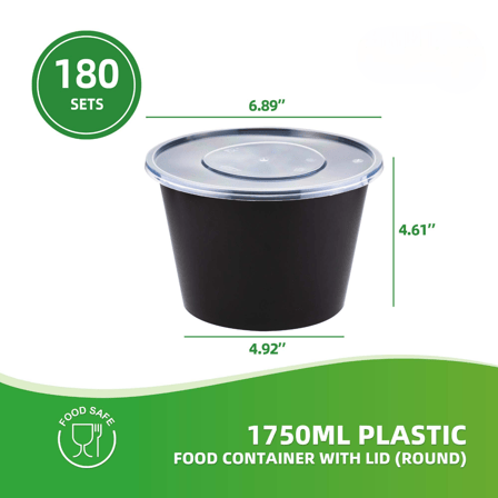 1750 ml Black Round Plastic Food Containers with Lids - (180/Case)