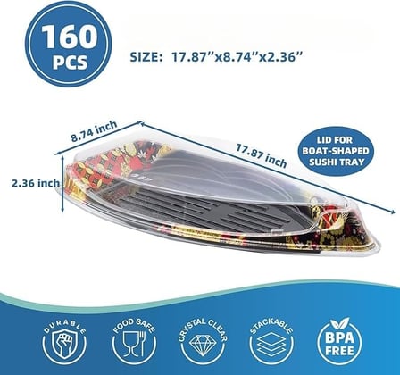 17.87'' x 8.74'' x 2.36'' Clear disposable boat-shaped sushi tray lid shown with dimensions.jpg