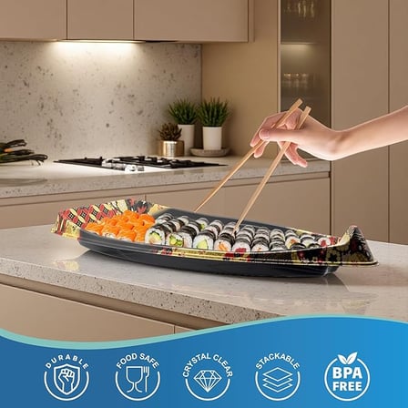 Person serving sushi on a 17.87'' x 8.74'' x 2.36'' Disposable boat-shaped sushi tray.jpg