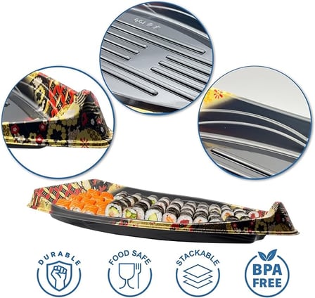 Close-up of 17.87'' x 8.74'' x 2.36'' sushi boat platter showing textured base and elegant design details..jpg