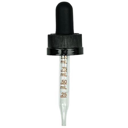 18-400 Black CRC Dropper with 66 mm Graduated Glass Pipette (Fits 0.5 oz Boston Round Bottle) - 1400/Case