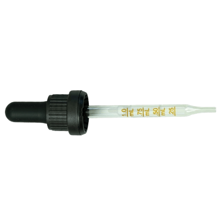 18-415 Black Tamper Evident Dropper with 91 mm Graduated Glass Pipette (Fits 60ml Euro Round Bottle) - 2000/Case