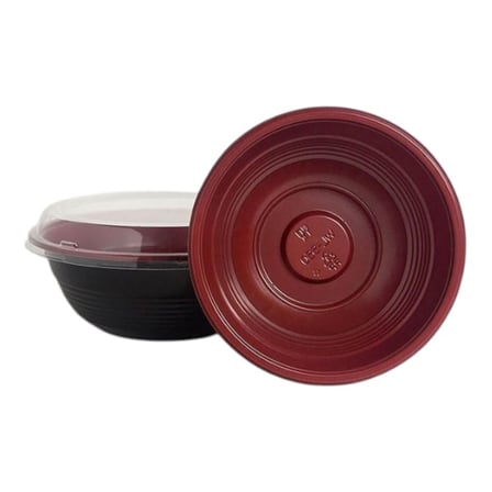 18 oz. Round black and red plastic asian poke bowl with clear lid.jpg