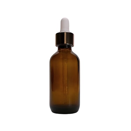 2 oz. (60 ml) Amber Boston Round Glass Bottle with White Bulb & Rose Gold Dropper
