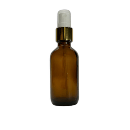 2 oz. (60 ml) Amber Boston Round Glass Bottle with White Fine Mist Sprayer, Gold Collar and Clear Overcap