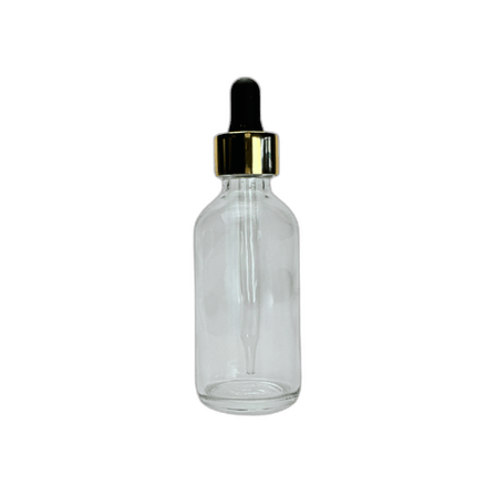 2 oz. (60 ml) Clear Boston Round Glass Bottle with Black Bulb & Gold Dropper